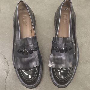 Pertini Black Leather Kilties Jeweled Slip On Loafers Shoes Women's Size 40
